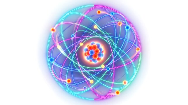 Vibrant atom model, colorful science illustration, glowing orbitals, educational graphic