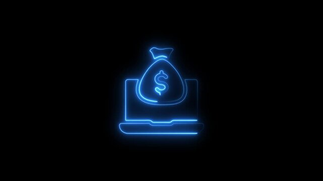 Neon glowing laptop with money bag on black background symbolizing online finance and earning opportunities