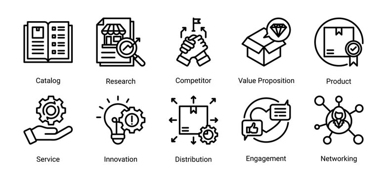 Business innovation icon set featuring product development,research,distribution,and networking icons for startup and corporate business projects.