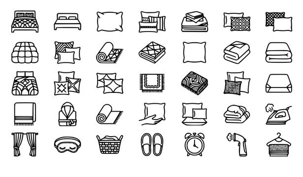 House Textile Icon Pack with Bedroom Linen Bed Blanket Pillow and Bathrobe Symbols