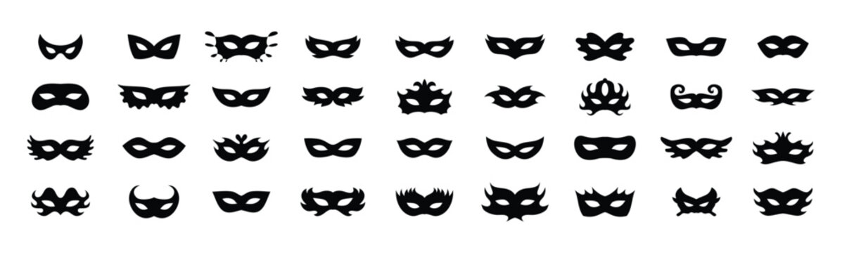 Carnival masks silhouettes icon set. Simple black icons masquerade mask, for party, parad, carnival, Halloween. Mask elements isolated sign, symbol