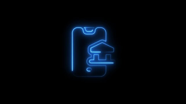 Neon blue smartphone with house and food delivery concept on black background mobile
