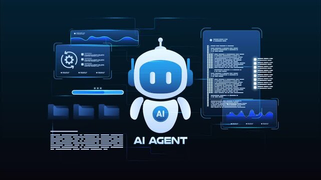 Futuristic AI workflow automation machine learning with ai agent assistant, coding, processing system and automation system, looped animation