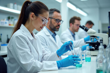 Fototapeta premium Scientists diligently working with liquids and microscopes in a modern laboratory