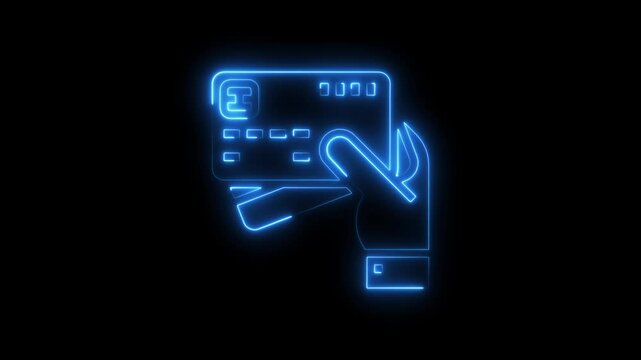 Neon glowing blue credit card with hand swipe on black background e-commerce payment concept