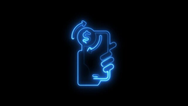 Neon hand holding phone with dollar sign and curved arrow on black background symbolizing mobile payment and financial transaction