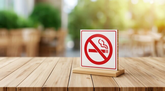 No smoking sign on wooden table with blurred cafe background