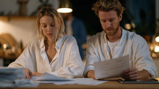 Overwhelmed small business owner spreading Chapter 11 bankruptcy filing documents across kitchen table at midnight, accountant highlighting liquidation schedules while creditor