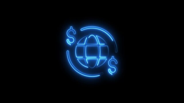 Global financial transactions neon sign dollar symbols orbiting earth globe on black background global finance