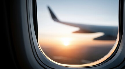 Fototapeta premium Airplane window view of wing and sunset over horizon
