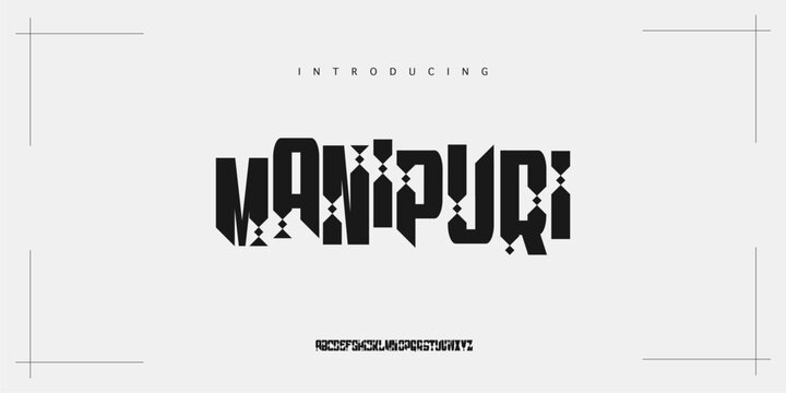 Manipuri: A unique ethnic decorative display font. Traditional Indian folk serif typeface with geometric ornaments for cultural logos, branding, and posters india.