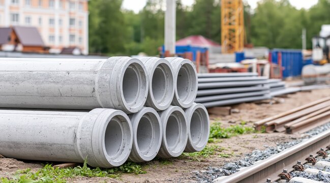 Stack of concrete pipes on construction site near railway tracks