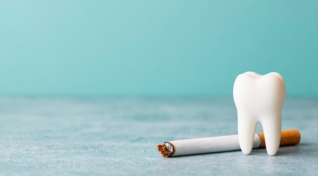 Model of human molar tooth next to burning cigarette on blue background