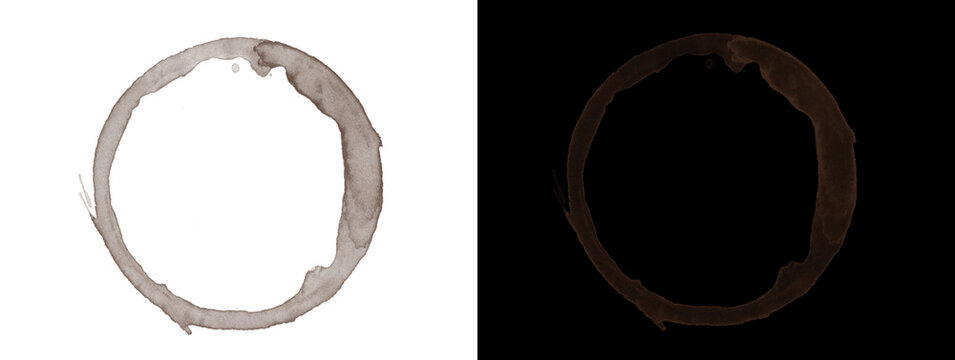 Coffee cup ring stain imperfect circle isolated on white and black