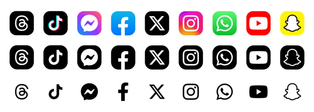 Instagram, Facebook, X, Youtube, WhatsApp, Pinterest, Snapchat - collection of popular social media icons. Editorial only.