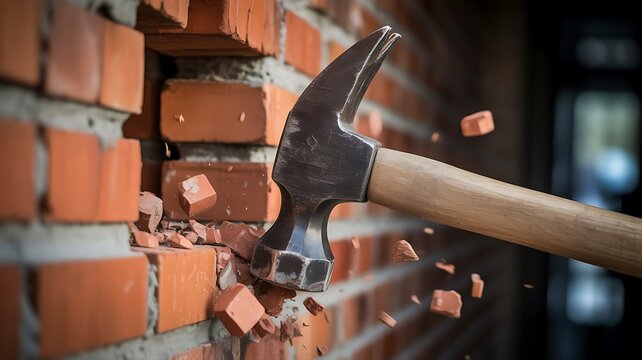 Hammer breaking brick wall with flying debris representing construction demolition and renovation work
