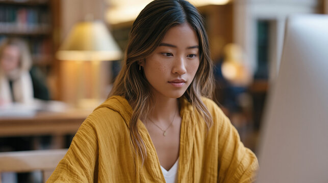 Anxious student watches plagiarism detection AI tool scan uploaded essay draft in real time on university library terminal, percentage originality score climbing as paragraphs