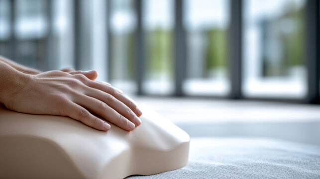 Hand pillow memory foam pressure comfort softness closeup side view, gentle touch on cushion in bright room, support concept