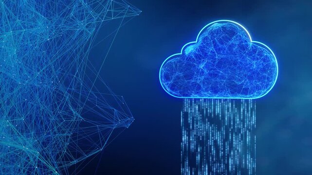 Abstract digital representation of a glowing blue cloud with binary code raining down, surrounded by a network of interconnected lines and nodes on a dark background