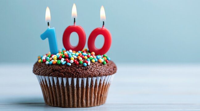 Chocolate cupcake with colorful sprinkles and lit number 100 candles