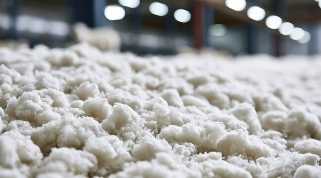 Pile of raw white cotton fibers in industrial warehouse