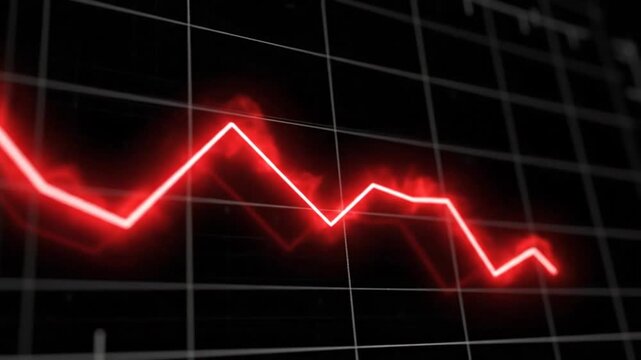 A glowing red line graph showing a downward trend on a dark grid background