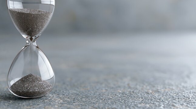 Hourglass with flowing gray sand on stone surface