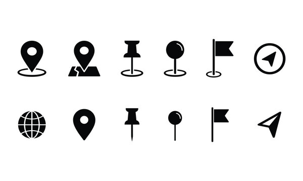 Professional set of black map location icons featuring precise pins and flags for navigation on a clear white background.
