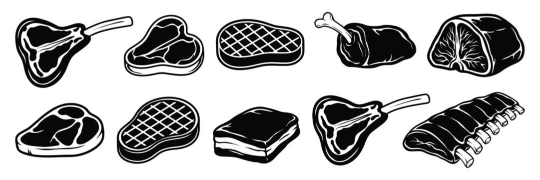 Steak Doneness Symbols Displaying Blue Rare to Well Done Cooking Levels, Meat Badges, Food Preparation Labels, Restaurant Icons and Vector Graphic Design
