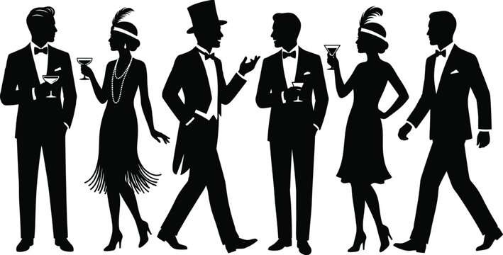 Vintage 1920s flapper and gentleman silhouettes holding cocktail glasses at party vector illustration