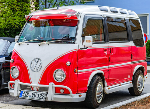 Munich, Germany - April 10: typical old Volkswagen bully at the old town of Munich on April 10, 2024