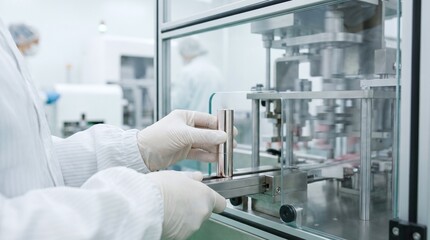 Naklejka premium Close up of hands in gloves holding a lipstick tube during product manufacturing in a cleanroom