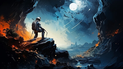 Fototapeta premium Astronaut exploring outer space. Cosmonaut in spacesuit performing extravehicular activity or spacewalk against stars and planets in background.