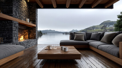 Obraz premium Luxury mountain cabin interior fireplace lake terrace sofa view, cozy open air living room with stone wall, wood deck, calm water, misty hill