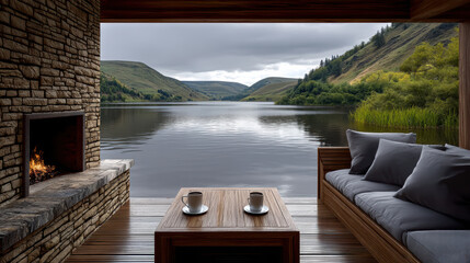 Obraz premium Mountain cabin lakeside terrace fireplace wooden deck sofa coffee cup valley, cozy luxury retreat with calm lake reflection, cloudy sky