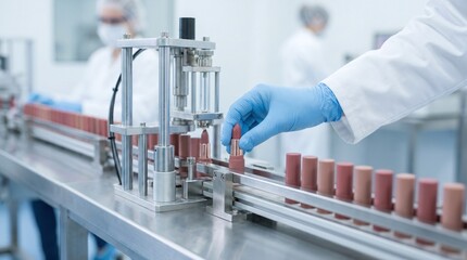 Fototapeta premium A gloved hand inspects lipstick tubes on a manufacturing production line in a clean room
