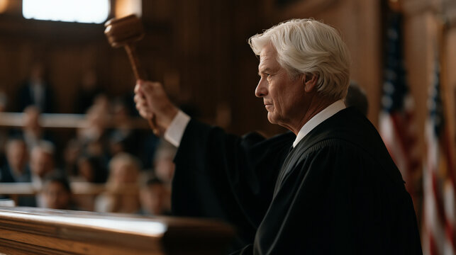 Silver-haired judge in formal robes lifting gavel above mahogany bench during high-profile civil ruling, packed gallery behind bar rail holding breath as court clerk stands ready