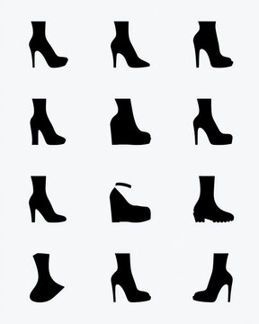 Set of black silhouette icons of different styles of modern women high heel ankle boots and fashion shoes