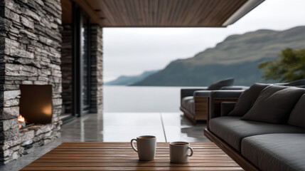 Obraz premium Luxury mountain cabin terrace fireplace lake sofa coffee, calm evening view across water, cozy modern retreat with warm flame