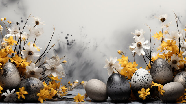 Happy Easter watercolor white and black card, banner, border