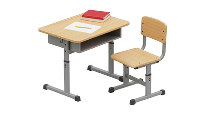 Fototapeta premium School desk and chair with book and paper for education and learning, classroom furniture