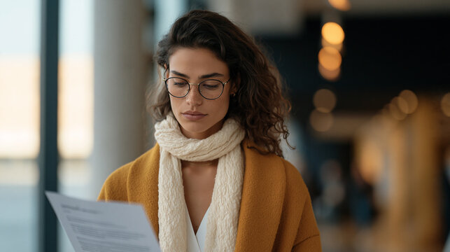 Founder imposter syndrome moment shown as a young entrepreneur stands backstage at a conference preparing to give a keynote, reading over her own speaker bio on a printed program,