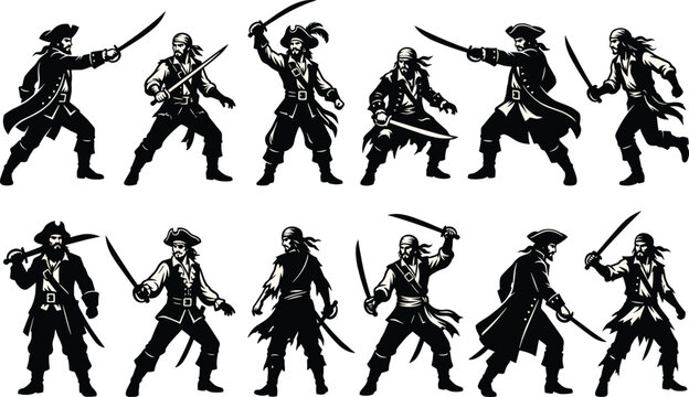 Pirate characters set holding cutlass swords fighting and posing in dynamic positions black and white vector illustration