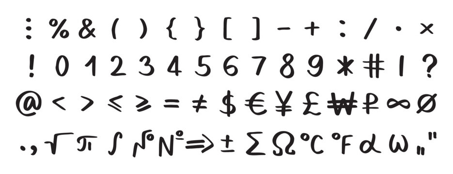 Scribble black special math symbols, numbers and signs. Symbols are handwritten characters from the keyboard
