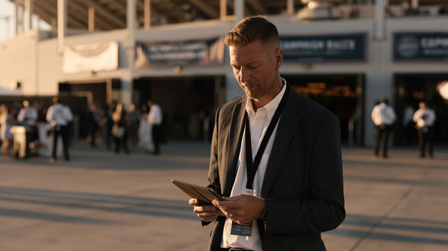 Campaign rally security coordinator reviewing crowd density metrics on a tablet outside a stadium entrance, staff with earpieces positioned at each gate, banners above the main