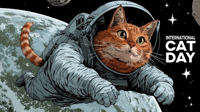 Celebrating international cat day with a cosmic feline adventure among the stars. International Cat Day