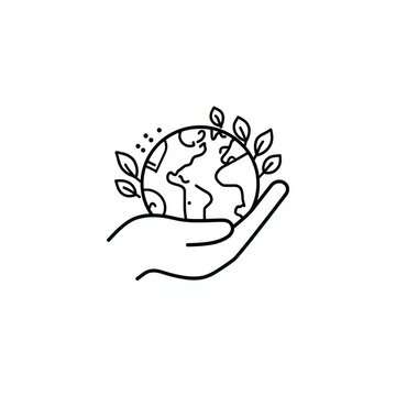 A simple line drawing of a human hand holding a small planet earth globe with green leaves growing from it