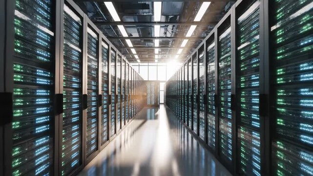 server room, rows of computer servers with blinking lights, data center, technology, network infrastructure