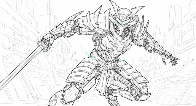 Robotic samurai warrior poses with sword against futuristic city backdrop