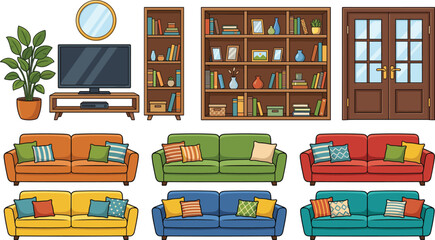 Living room furniture and interior design elements set with colorful sofas bookshelves television and doors © VectoVerse